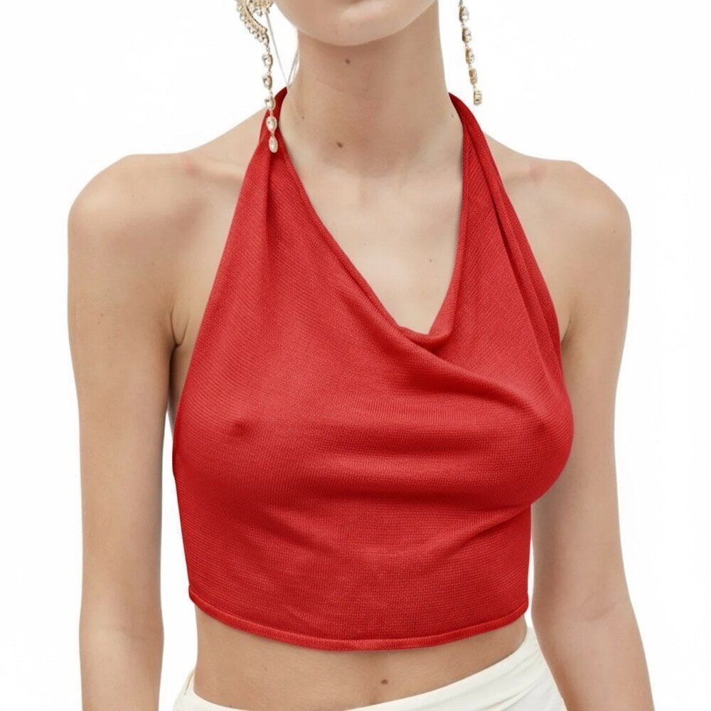 New Aya Muse Cinnabar Knit Tied Draped Halter Crop Top XXS Red - Picture 3 of 6